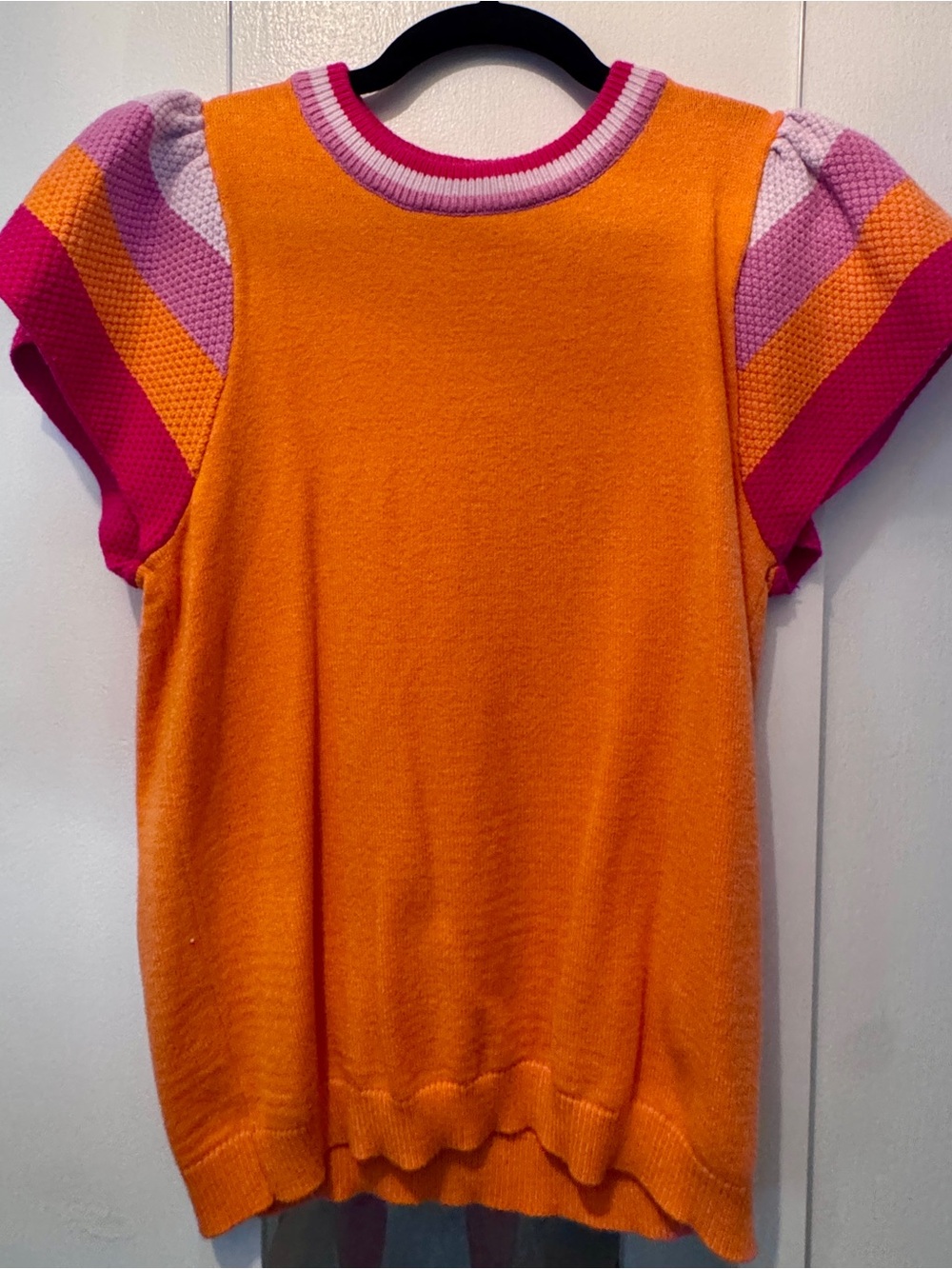 Apple Orange Knit Short Sleeve Top with Pink & Lavender Accents